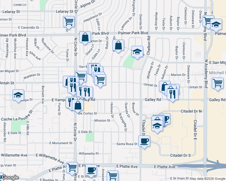 map of restaurants, bars, coffee shops, grocery stores, and more near 1107 Holmes Drive in Colorado Springs