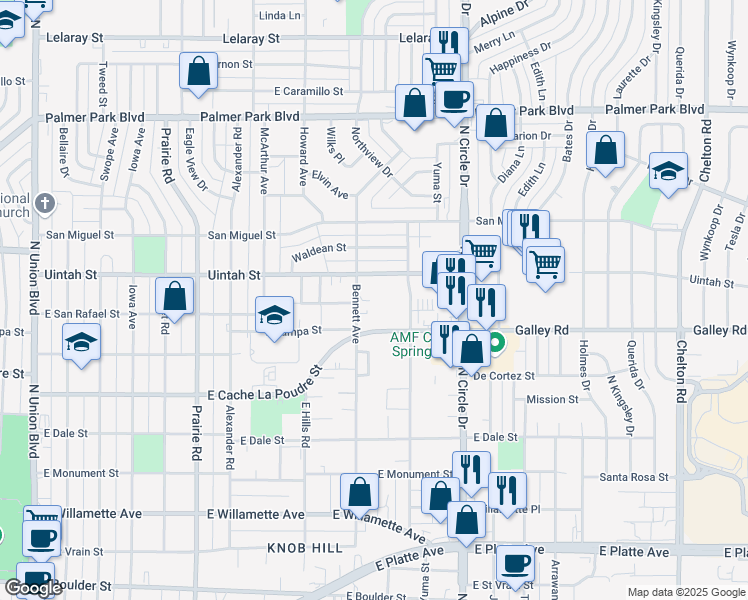 map of restaurants, bars, coffee shops, grocery stores, and more near 2617 East Uintah Street in Colorado Springs