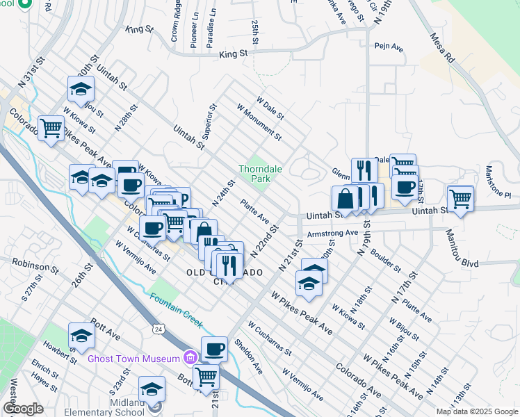 map of restaurants, bars, coffee shops, grocery stores, and more near 2229 West Uintah Street in Colorado Springs