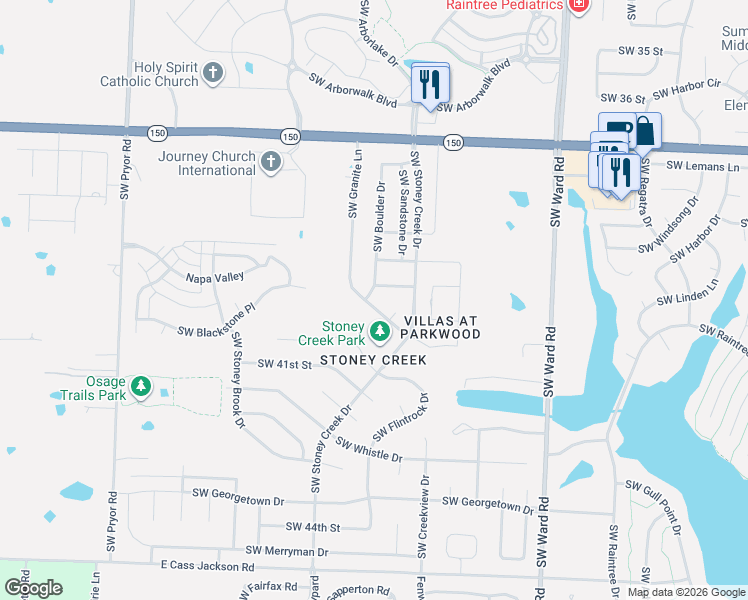map of restaurants, bars, coffee shops, grocery stores, and more near 4004 Southwest Boulder Drive in Lee's Summit