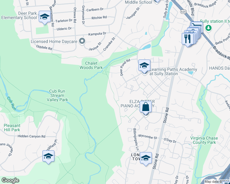 map of restaurants, bars, coffee shops, grocery stores, and more near 5868 Linden Creek Court in Centreville