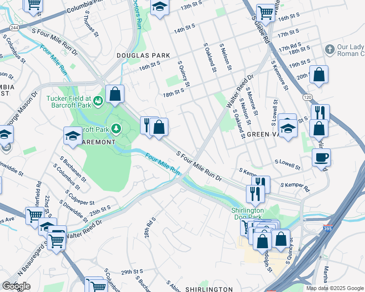map of restaurants, bars, coffee shops, grocery stores, and more near 4065 South Four Mile Run Drive in Arlington