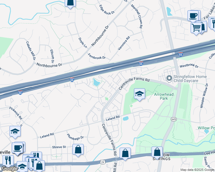 map of restaurants, bars, coffee shops, grocery stores, and more near 13541 Stargazer Terrace in Centreville