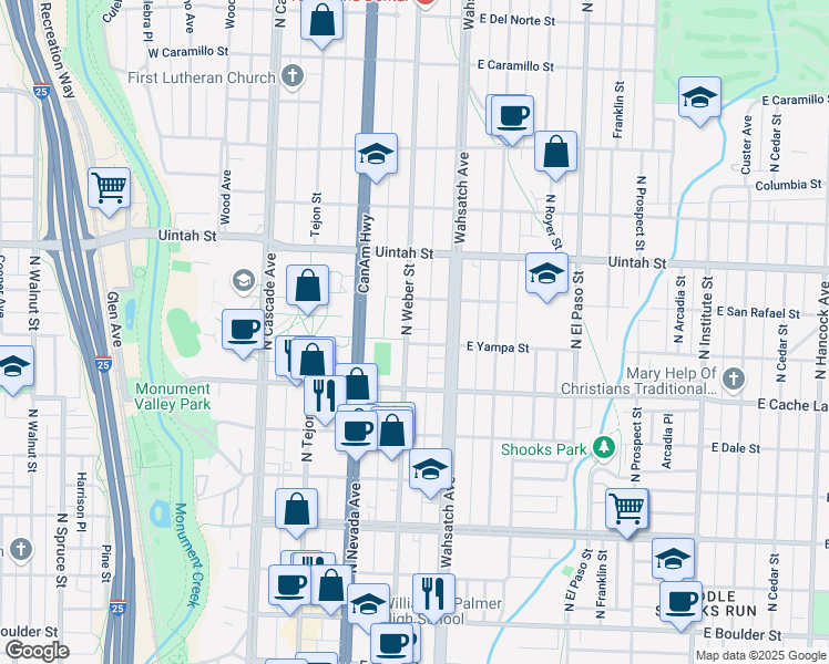 map of restaurants, bars, coffee shops, grocery stores, and more near 1019 North Weber Street in Colorado Springs