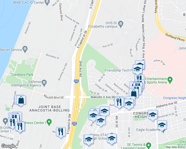 map of restaurants, bars, coffee shops, grocery stores, and more near 210 Oakwood Street Southeast in Washington