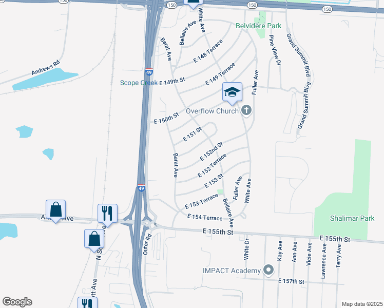 map of restaurants, bars, coffee shops, grocery stores, and more near 6011 East 151 Terrace in Grandview