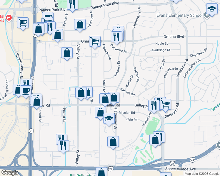 map of restaurants, bars, coffee shops, grocery stores, and more near 6728 Seneca Road in Colorado Springs