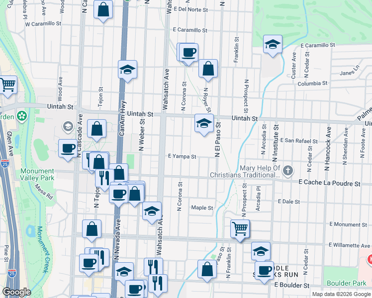 map of restaurants, bars, coffee shops, grocery stores, and more near 1023 North Corona Street in Colorado Springs