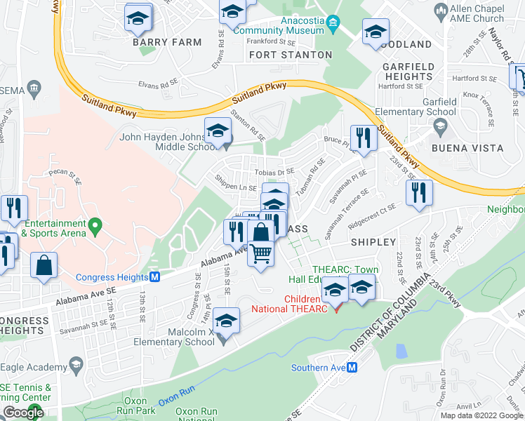 map of restaurants, bars, coffee shops, grocery stores, and more near 3243 Stanton Road Southeast in Washington