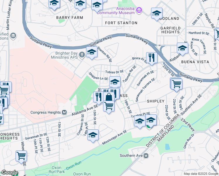 map of restaurants, bars, coffee shops, grocery stores, and more near 3243 Stanton Road Southeast in Washington