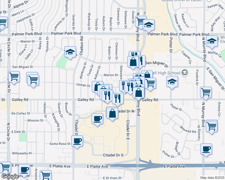 map of restaurants, bars, coffee shops, grocery stores, and more near 3604 East Uintah Street in Colorado Springs