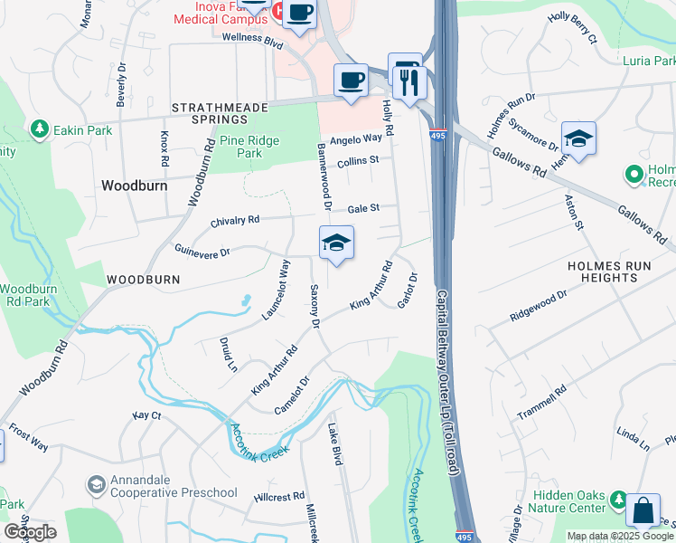 map of restaurants, bars, coffee shops, grocery stores, and more near 8100 Guinevere Drive in Annandale