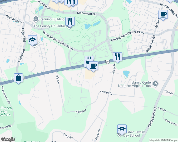 map of restaurants, bars, coffee shops, grocery stores, and more near 11725 Lee Highway in Fairfax