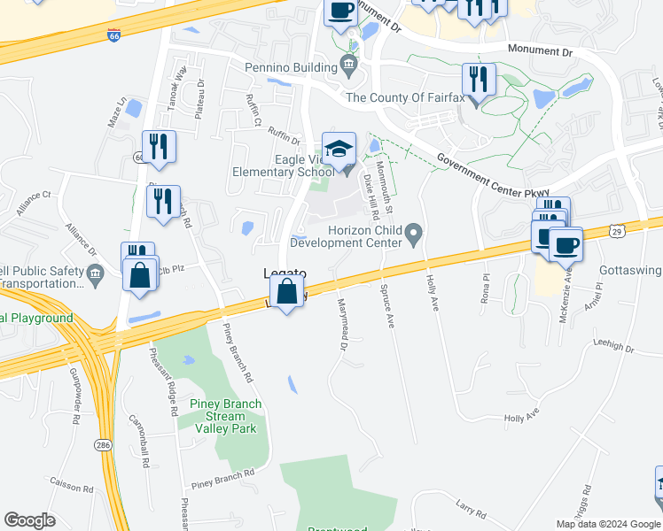 map of restaurants, bars, coffee shops, grocery stores, and more near 12094 Antler Court in Fairfax