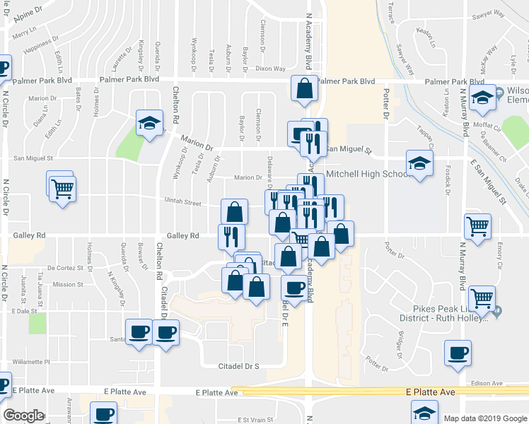 map of restaurants, bars, coffee shops, grocery stores, and more near 1102 Delaware Drive in Colorado Springs