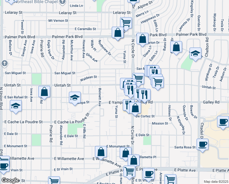 map of restaurants, bars, coffee shops, grocery stores, and more near 2721 East Uintah Street in Colorado Springs