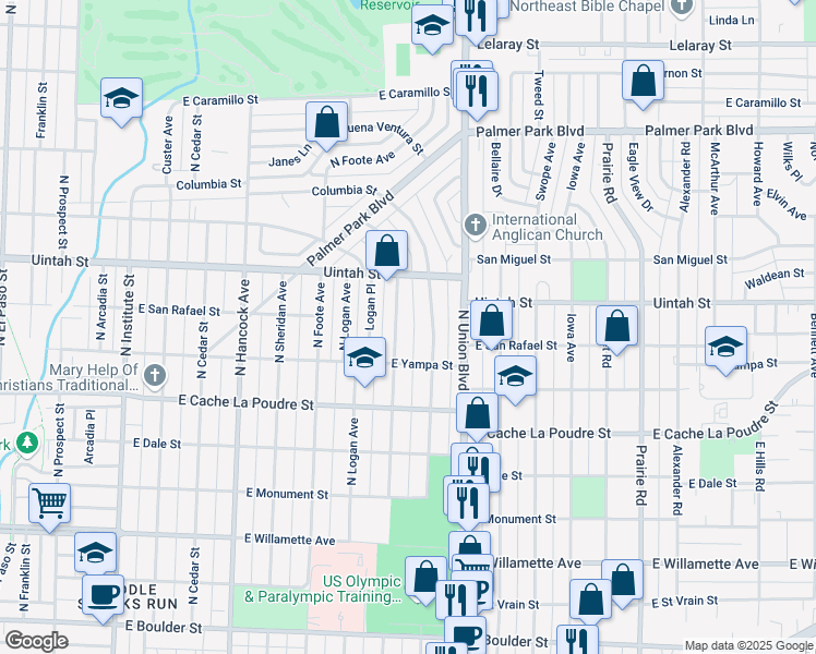 map of restaurants, bars, coffee shops, grocery stores, and more near 1102 North Meade Avenue in Colorado Springs