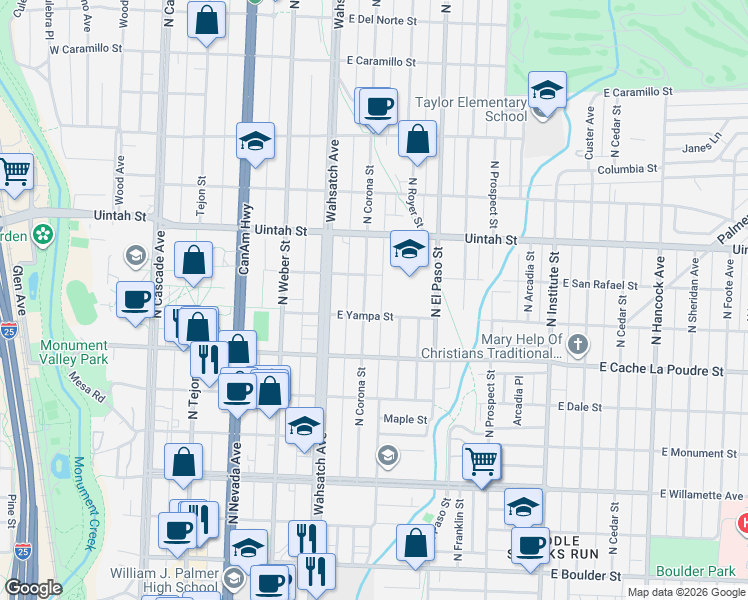 map of restaurants, bars, coffee shops, grocery stores, and more near 1023 North Corona Street in Colorado Springs