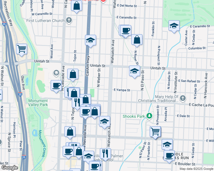 map of restaurants, bars, coffee shops, grocery stores, and more near 1019 North Weber Street in Colorado Springs