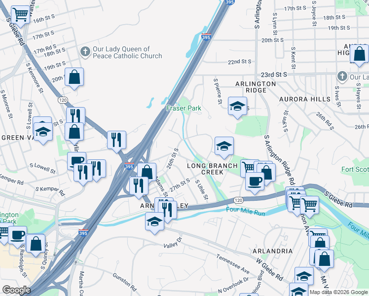 map of restaurants, bars, coffee shops, grocery stores, and more near Highway 7 in Arlington