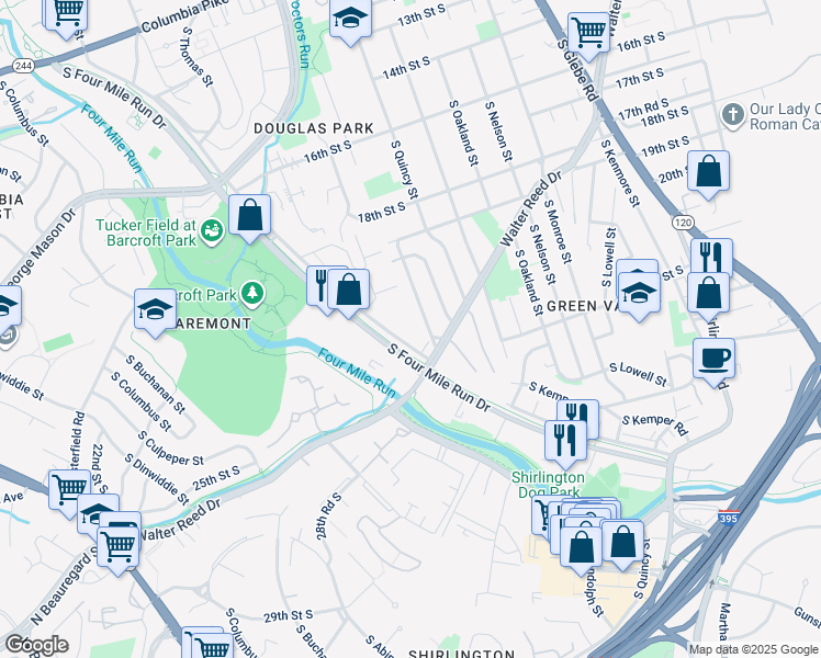 map of restaurants, bars, coffee shops, grocery stores, and more near 4067 South Four Mile Run Drive in Arlington