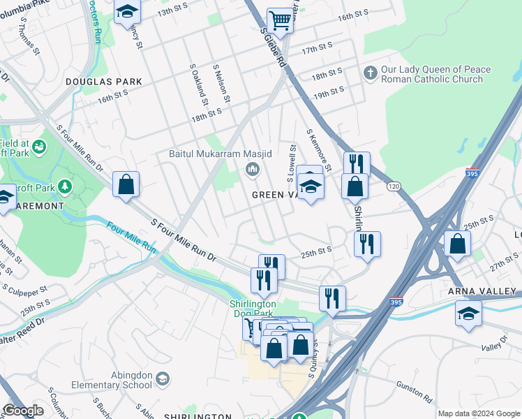 map of restaurants, bars, coffee shops, grocery stores, and more near 2204 South Nelson Street in Arlington
