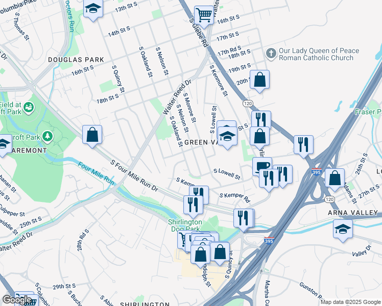 map of restaurants, bars, coffee shops, grocery stores, and more near 2204 South Nelson Street in Arlington