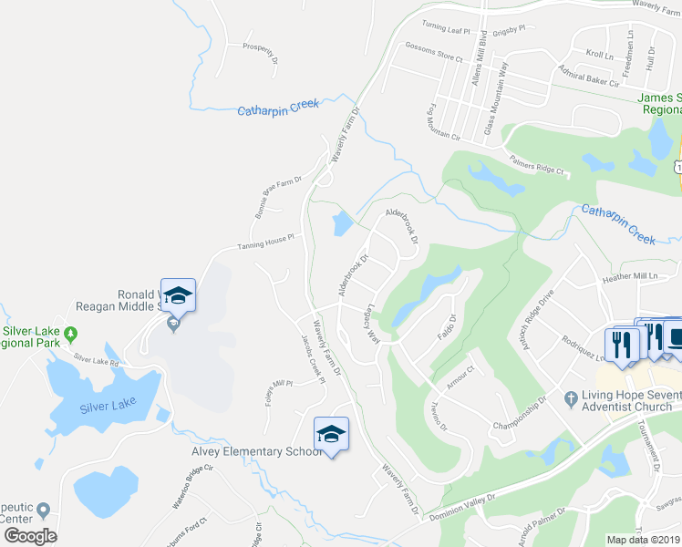 map of restaurants, bars, coffee shops, grocery stores, and more near 15593 Alderbrook Dr in Haymarket