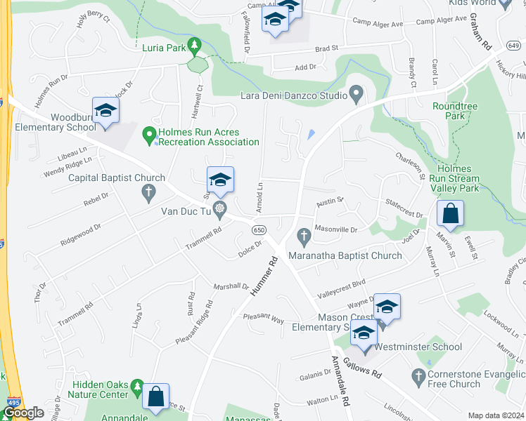 map of restaurants, bars, coffee shops, grocery stores, and more near 7436 Masonville Drive in Falls Church