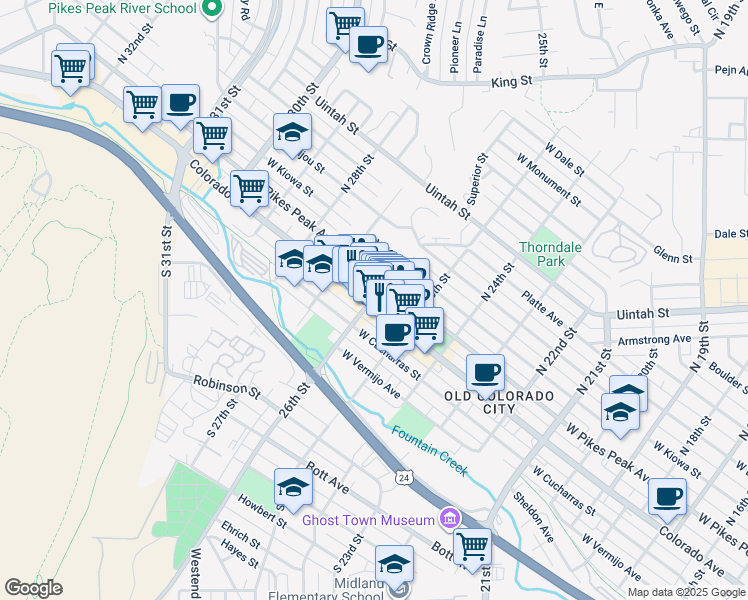 map of restaurants, bars, coffee shops, grocery stores, and more near 2526 West Pikes Peak Avenue in Colorado Springs