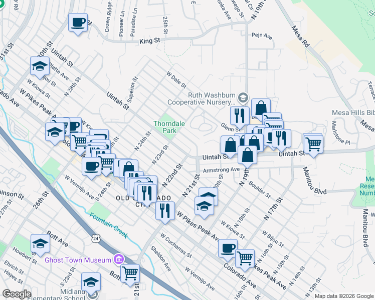 map of restaurants, bars, coffee shops, grocery stores, and more near 2203 West Saint Vrain Street in Colorado Springs