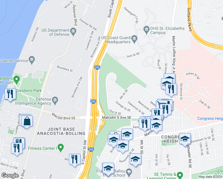 map of restaurants, bars, coffee shops, grocery stores, and more near 210 Oakwood Street Southeast in Washington