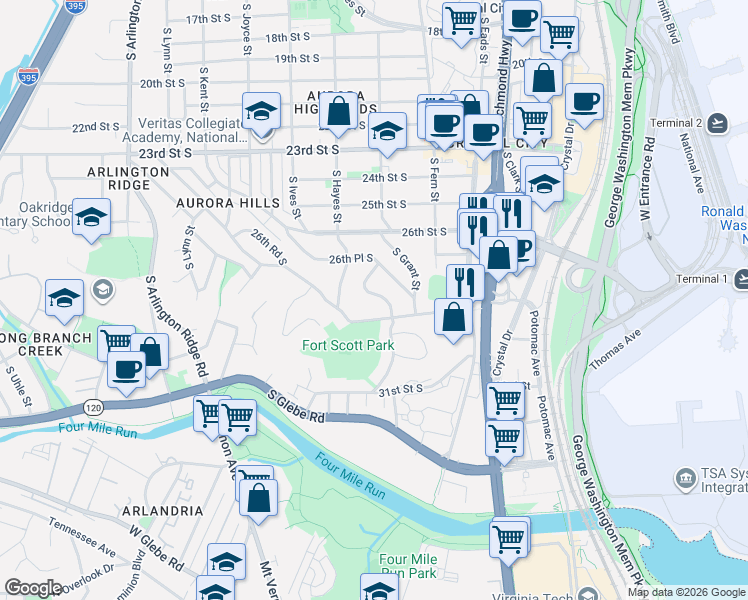 map of restaurants, bars, coffee shops, grocery stores, and more near 2728 South Grove Street in Arlington