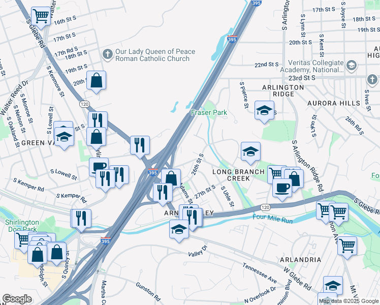 map of restaurants, bars, coffee shops, grocery stores, and more near 2055 26th Street South in Arlington