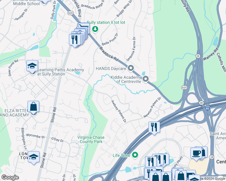 map of restaurants, bars, coffee shops, grocery stores, and more near 14507 William Carr Lane in Centreville