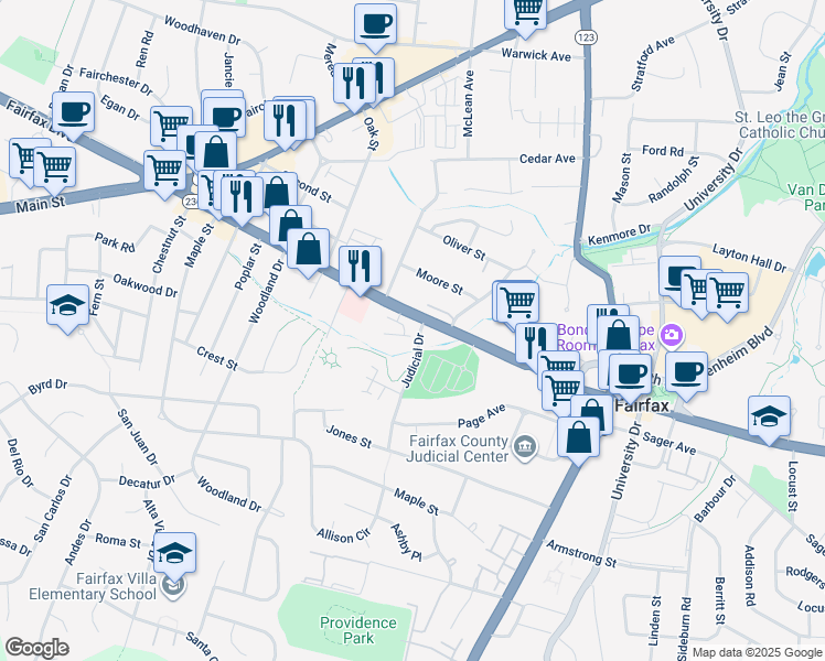 map of restaurants, bars, coffee shops, grocery stores, and more near 10605 Yorktown Drive in Fairfax