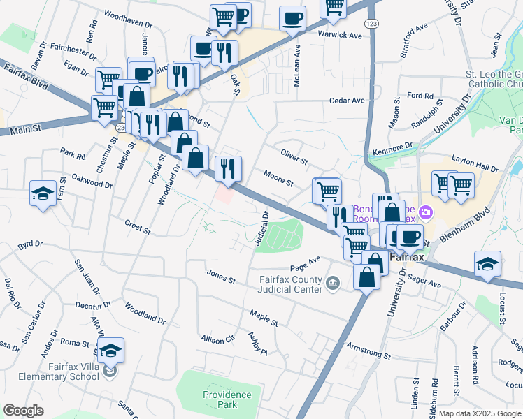map of restaurants, bars, coffee shops, grocery stores, and more near 10605 Yorktown Drive in Fairfax