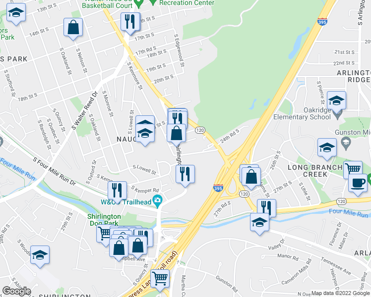 map of restaurants, bars, coffee shops, grocery stores, and more near 2823 24th Road South in Arlington