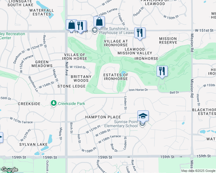 map of restaurants, bars, coffee shops, grocery stores, and more near 15411 Iron Horse Circle in Overland Park
