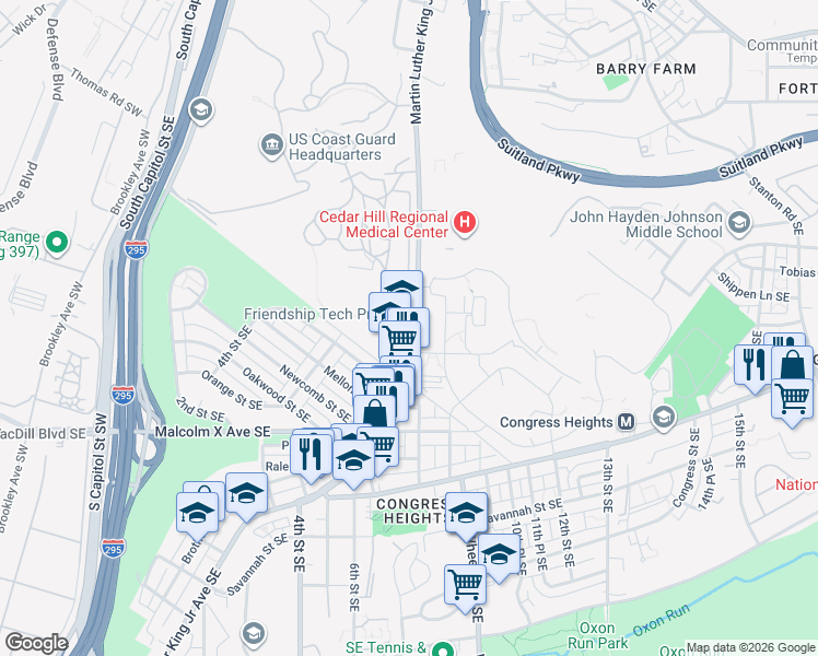 map of restaurants, bars, coffee shops, grocery stores, and more near 2705 Martin Luther King Junior Avenue Southeast in Washington