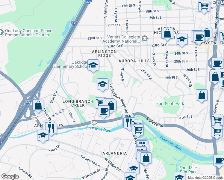 map of restaurants, bars, coffee shops, grocery stores, and more near 2700 South Lang Street in Arlington