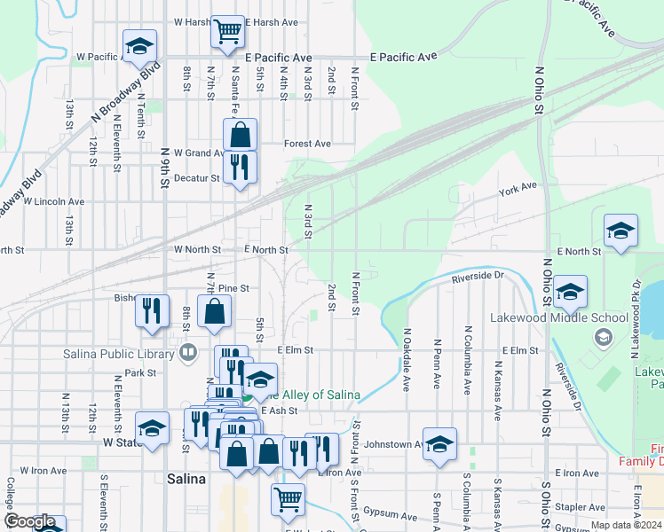 map of restaurants, bars, coffee shops, grocery stores, and more near 451 North 2nd Street in Salina
