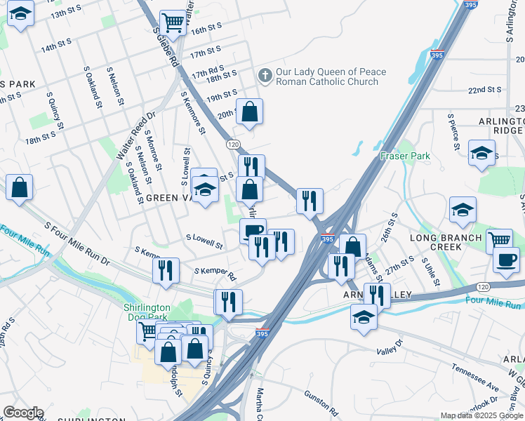 map of restaurants, bars, coffee shops, grocery stores, and more near 2823 24th Road South in Arlington