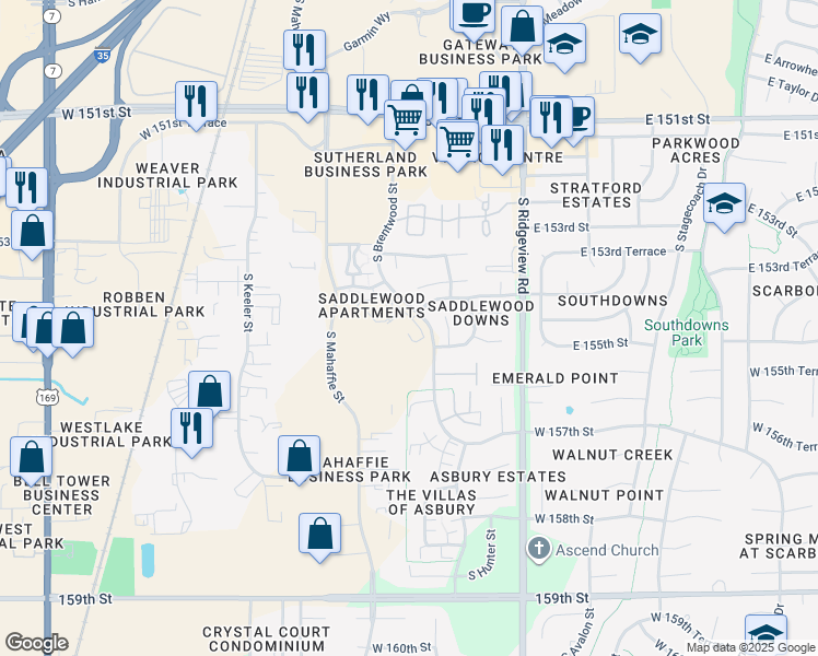 map of restaurants, bars, coffee shops, grocery stores, and more near 15412 South Hillside Street in Olathe