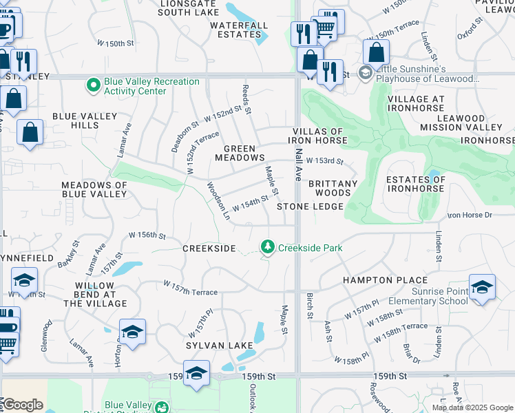 map of restaurants, bars, coffee shops, grocery stores, and more near 5701 West 154th Street in Overland Park