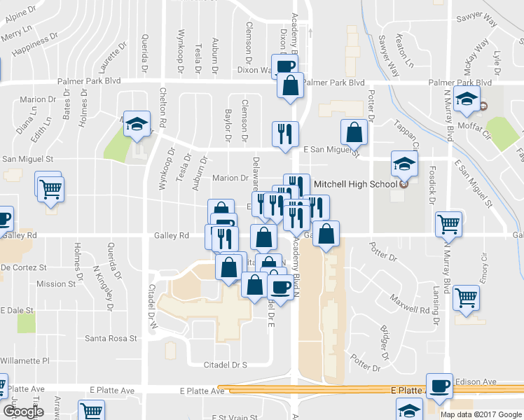 map of restaurants, bars, coffee shops, grocery stores, and more near 1102 Delaware Drive in Colorado Springs