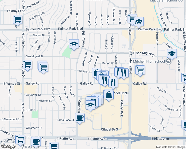 map of restaurants, bars, coffee shops, grocery stores, and more near 1113 Tesla Drive in Colorado Springs