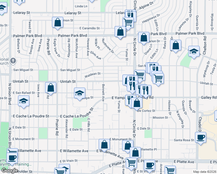 map of restaurants, bars, coffee shops, grocery stores, and more near 2617 East Uintah Street in Colorado Springs
