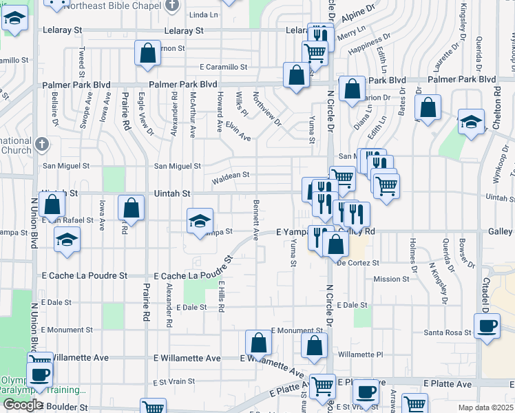 map of restaurants, bars, coffee shops, grocery stores, and more near 2575 East Uintah Street in Colorado Springs