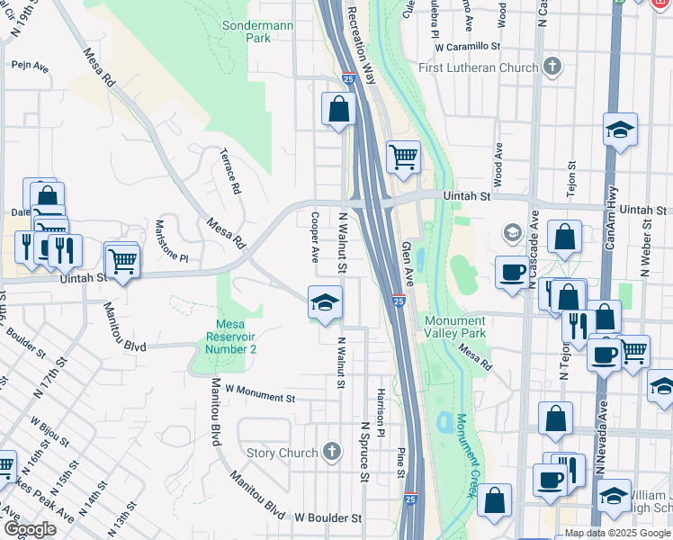 map of restaurants, bars, coffee shops, grocery stores, and more near 452 West Yampa Street in Colorado Springs